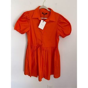 DELUC Women Spread Neck Short Sleeve Plain Mini Dress In Orange Size L NWT